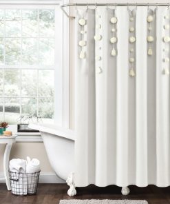 Boho Pom Pom Tassel Faux Linen Shower Curtain