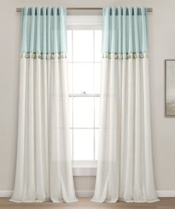Boho Faux Linen Tassel Color Block Window Curtain Panel Set